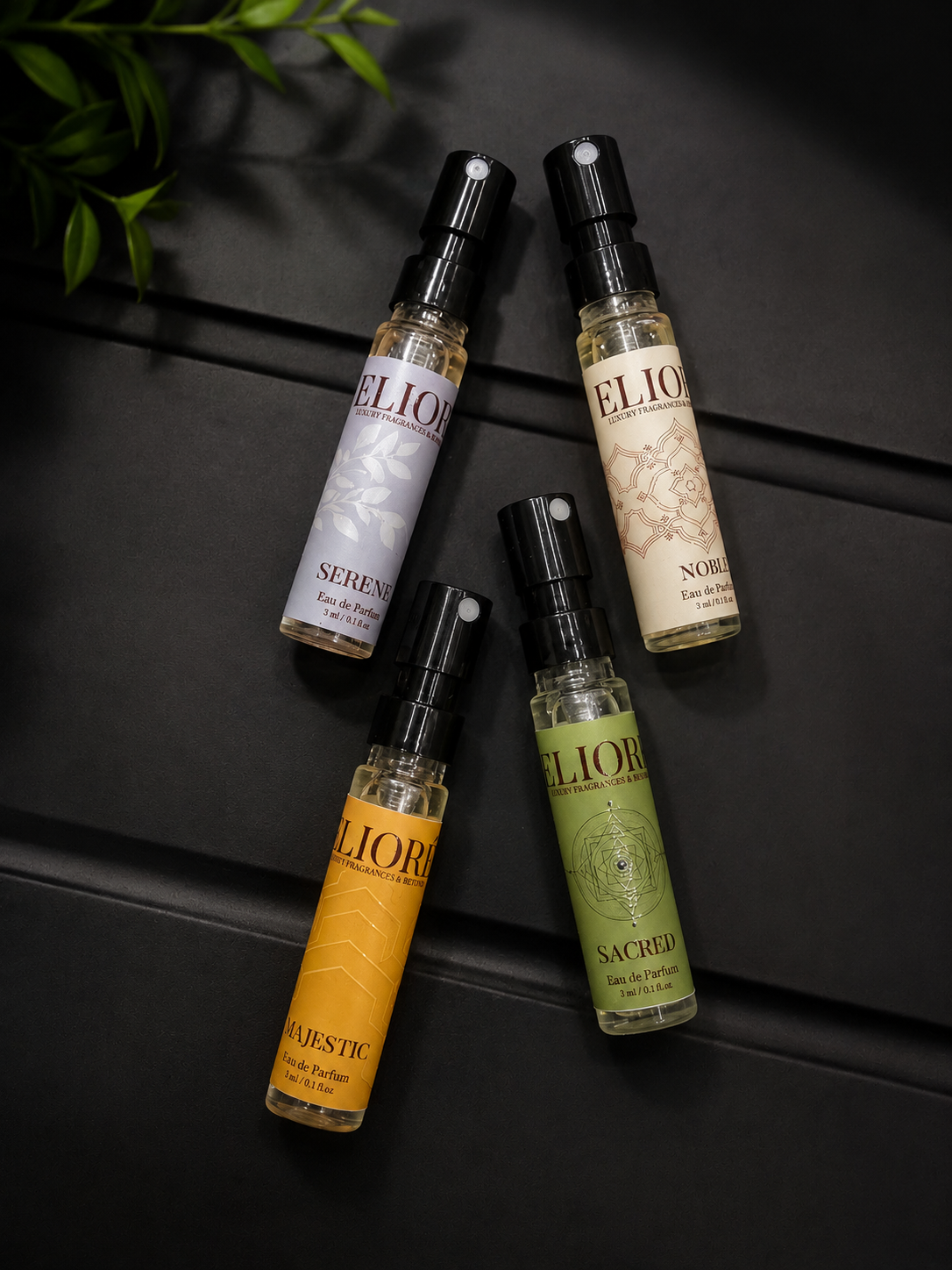 Four ELIORE Tester bottles on a dark surface with a plant in the corner.