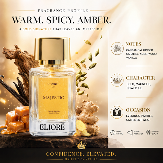 Eliore Majestic perfume bottle with fragrance profile details on a warm, amber-themed background.