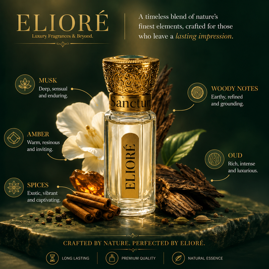 Eliore perfume bottle with floral and spice elements on a dark background