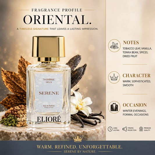 Eliore Serene perfume bottle with vanilla beans and flowers on a decorative background
