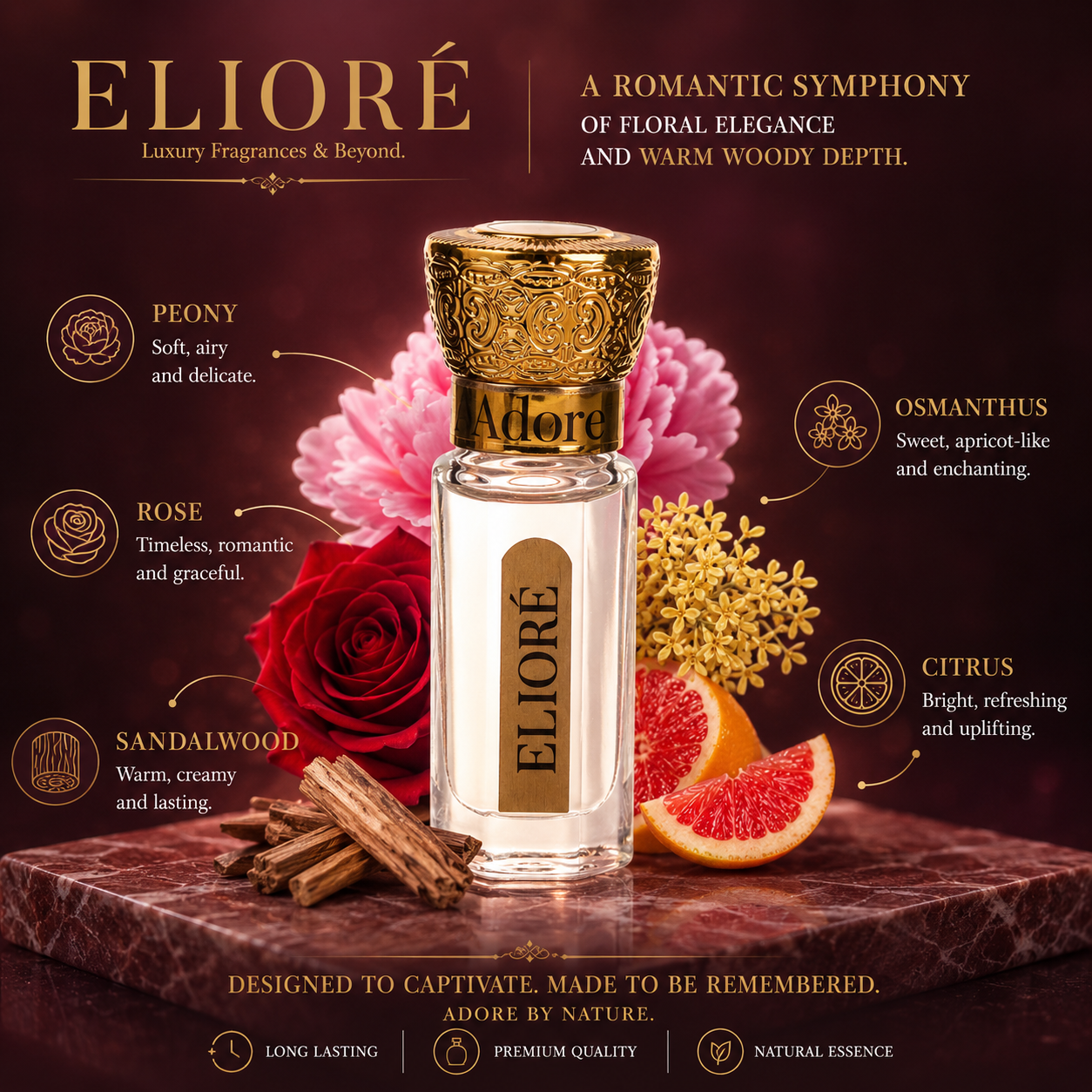 Eliore perfume bottle with floral and fruit elements on a dark background