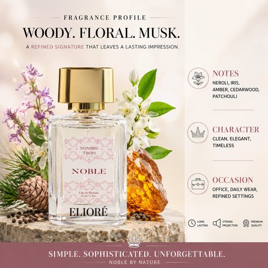 Eliore Noble perfume bottle with floral and natural elements on a wooden surface