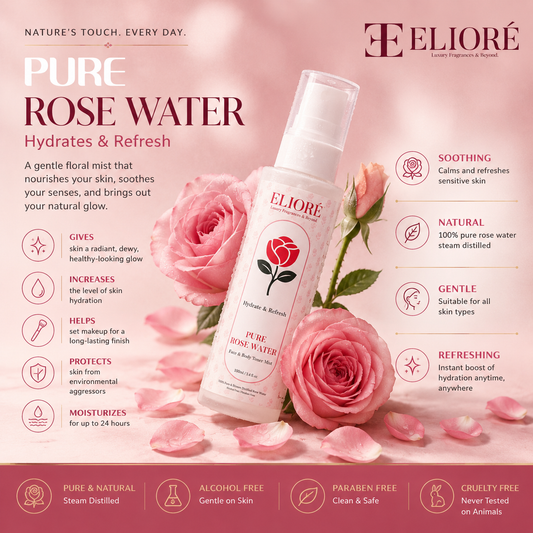 Eliore Pure Rose Water product with roses and promotional text on a pink background