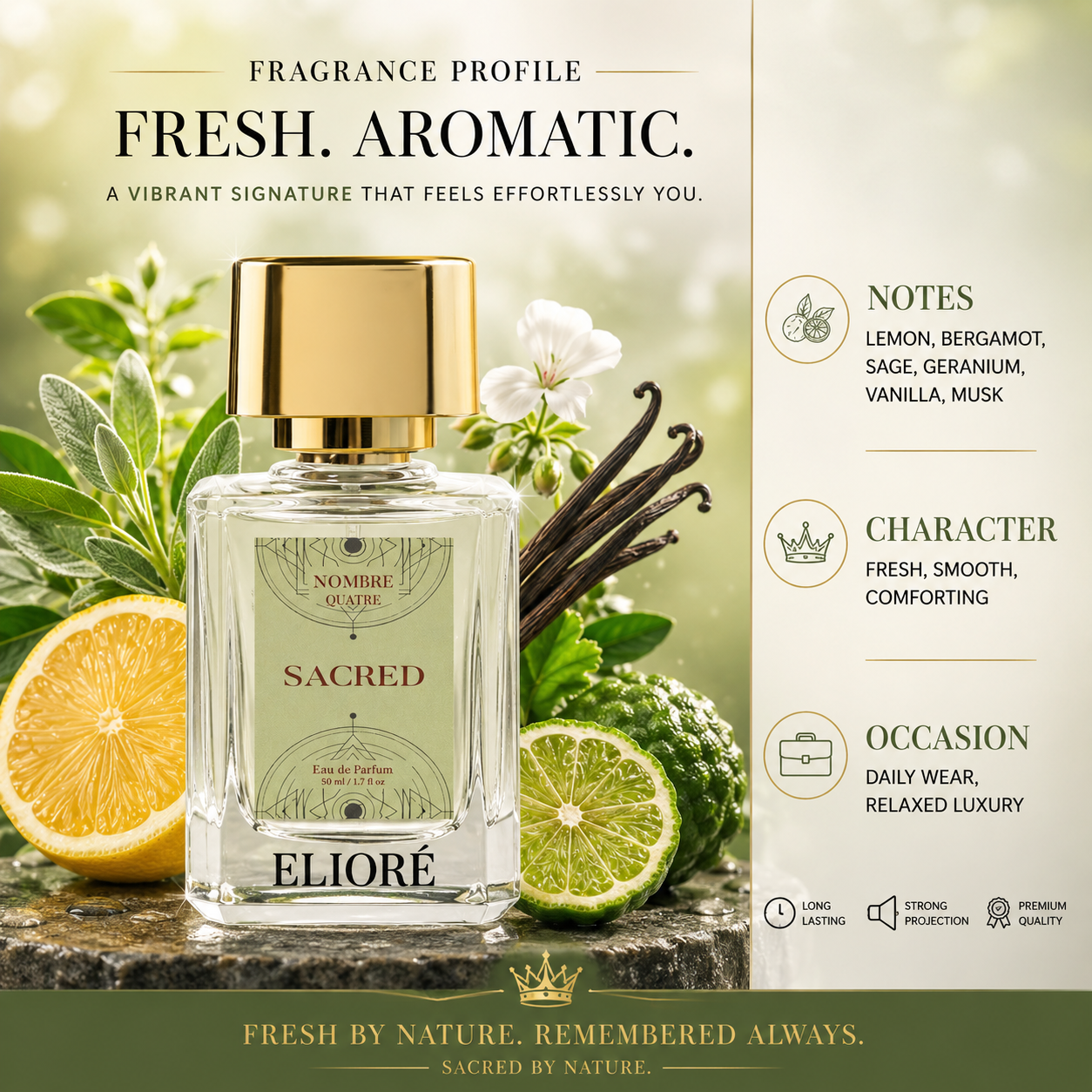 Eliore Sacred perfume bottle with botanical elements and fragrance profile details.