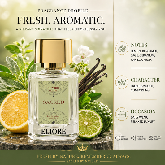 Eliore Sacred perfume bottle with botanical elements and fragrance profile details.