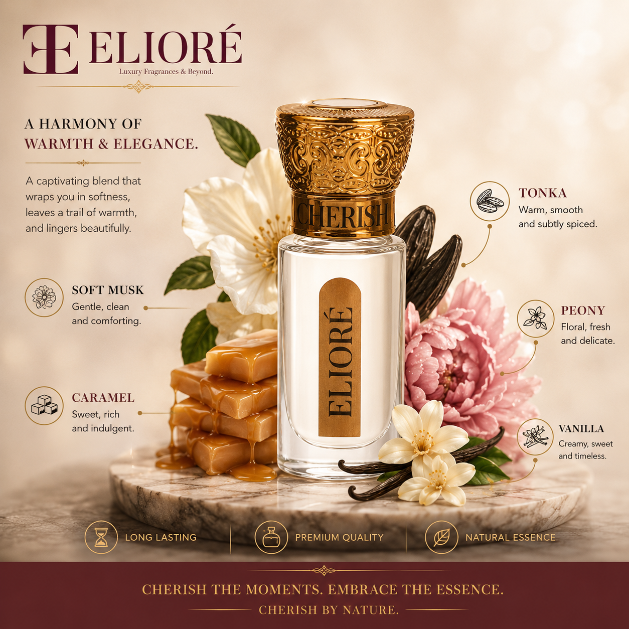 Eliore perfume bottle with floral elements and product description on a beige background
