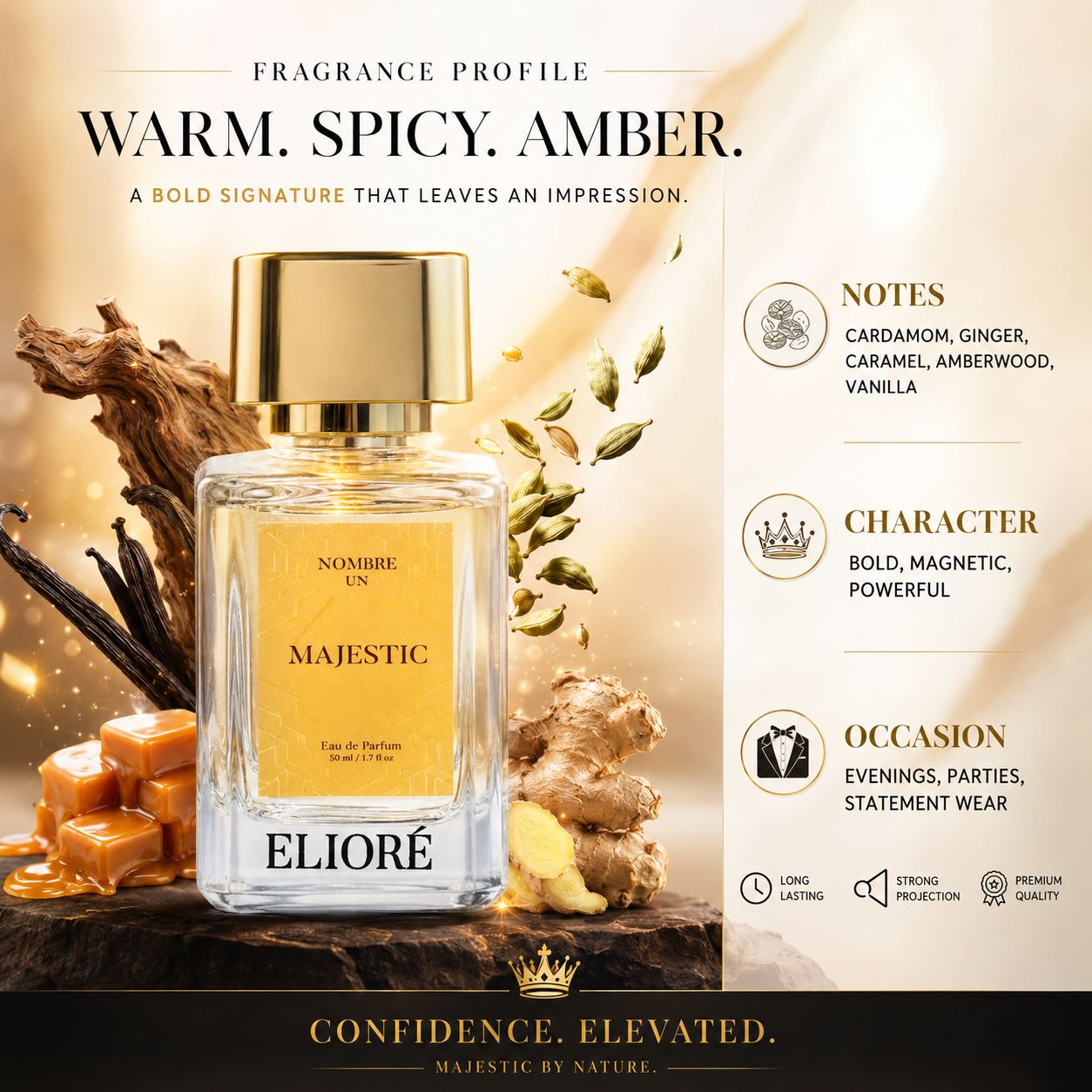 Eliore Majestic perfume bottle with fragrance profile details on a warm, amber-themed background.