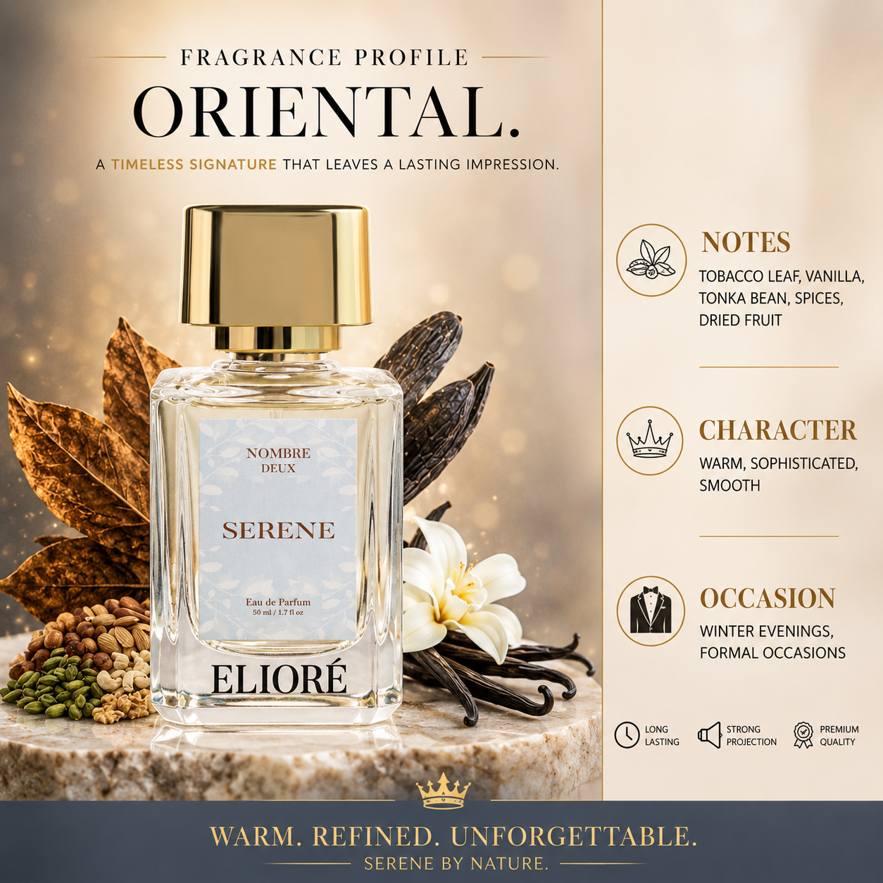 Eliore Serene perfume bottle with vanilla beans and flowers on a decorative background