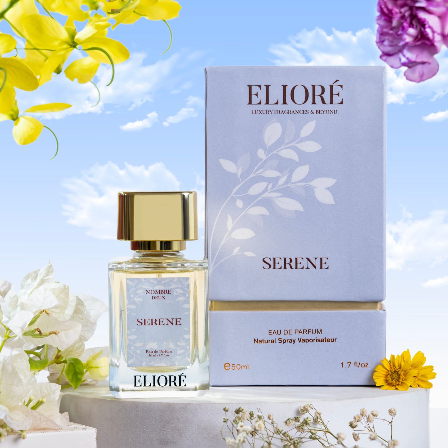 Eliore Serene perfume bottle and packaging with flowers on a bright background